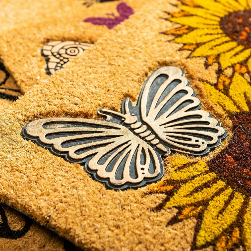 Plow & Hearth Sunflower Field Coir Mat with Rubber Embossed Butterfly