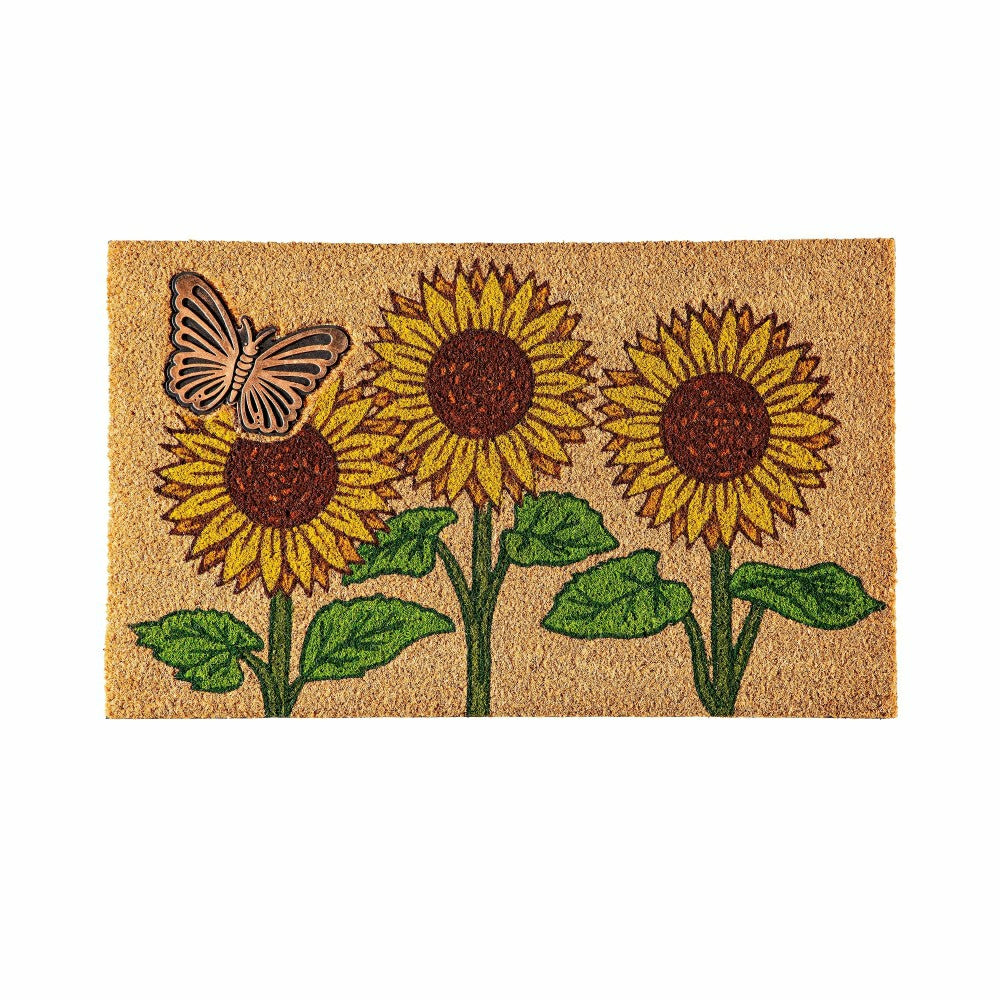 Plow & Hearth Sunflower Field Coir Mat with Rubber Embossed Butterfly