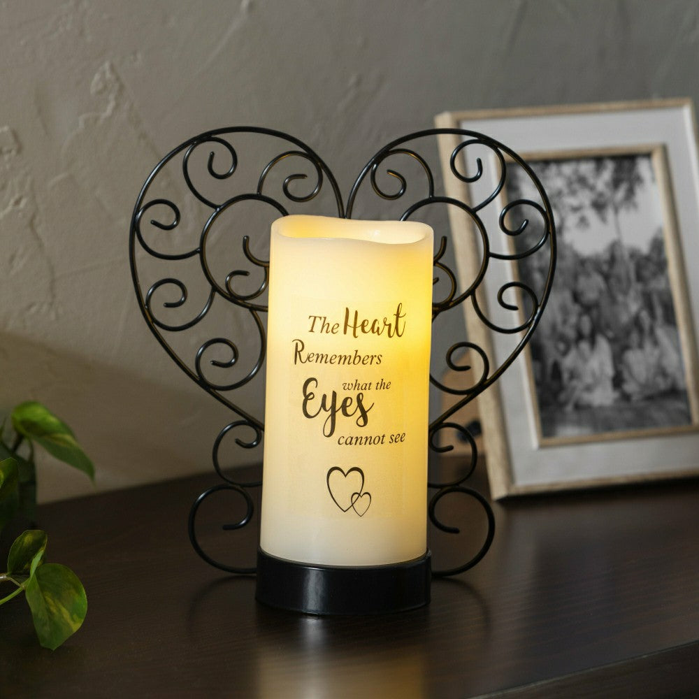 Plow & Hearth Memorial LED Candle with Flickering Flame and Heart Metal Base, Heart
