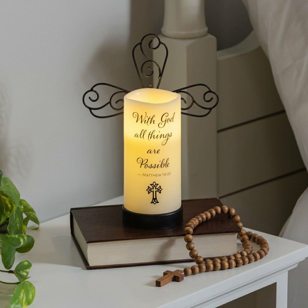 Plow & Hearth Simple Blessings LED Candle with Flickering Flame and Cross Metal Hold
