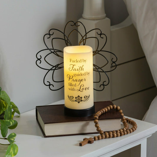 Plow & Hearth Simple Blessings LED Candle with Flickering Flame and Floral Metal Hol
