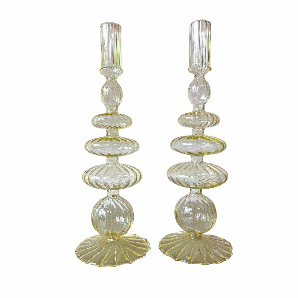 Plow & Hearth Buttercream Yellow Ribbed Candle Holder, Set of 2