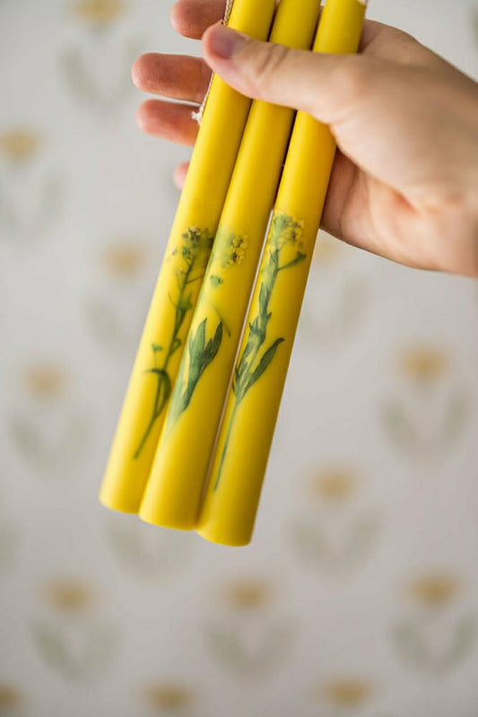 Plow & Hearth Set of 3 Yellow Floral Inlaid Tapered Candles