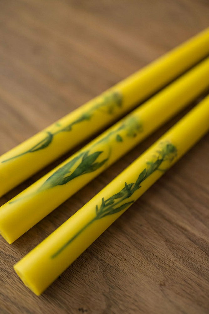 Plow & Hearth Set of 3 Yellow Floral Inlaid Tapered Candles