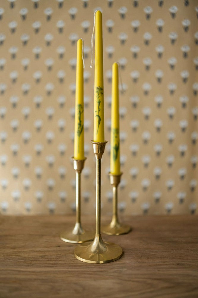 Plow & Hearth Set of 3 Yellow Floral Inlaid Tapered Candles