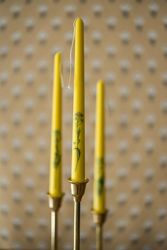 Plow & Hearth Set of 3 Yellow Floral Inlaid Tapered Candles