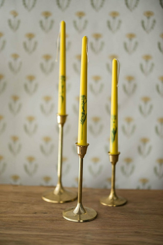 Plow & Hearth Set of 3 Yellow Floral Inlaid Tapered Candles