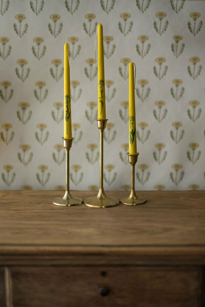 Plow & Hearth Set of 3 Yellow Floral Inlaid Tapered Candles