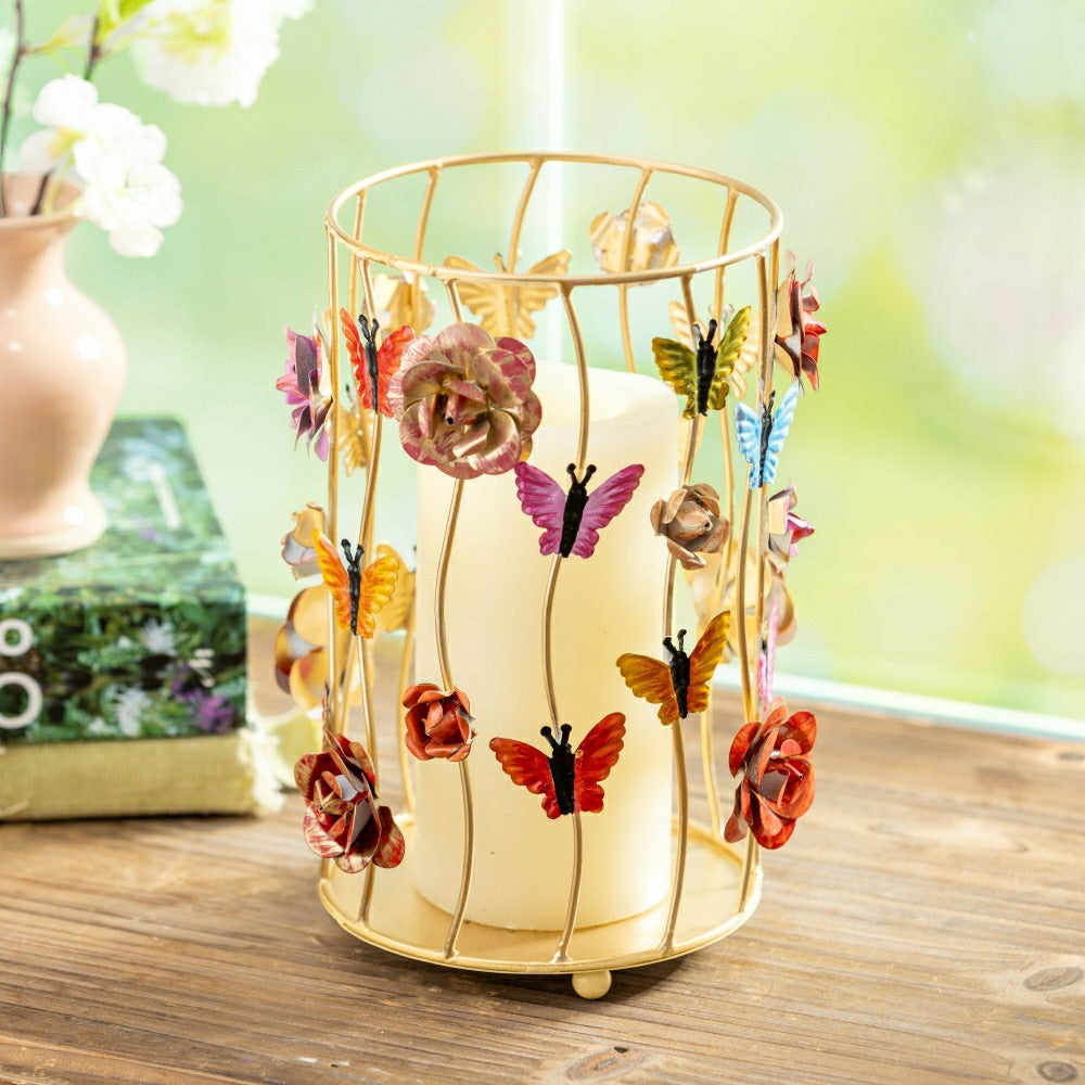 Plow & Hearth Pollinator Garden Candleholder Metal Hurricane Pillar Butterfly Cage