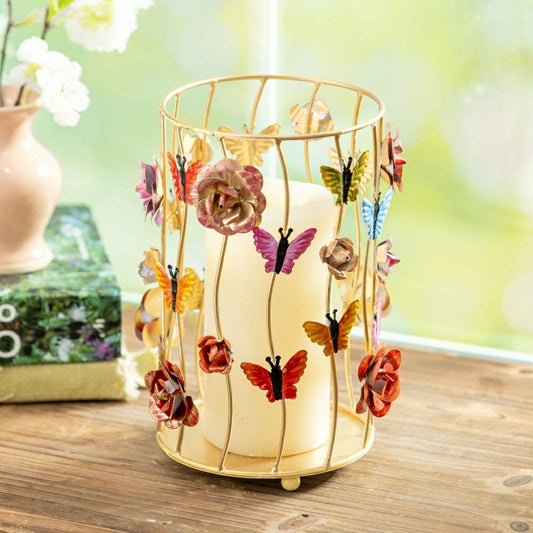 Plow & Hearth Pollinator Garden Candleholder Metal Hurricane Pillar Butterfly Cage