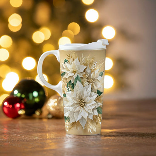Plow & Hearth Pearl & Pine Travel Cup Ceramic Perfect Cup, Poinsettia, 17oz, Gift Bo