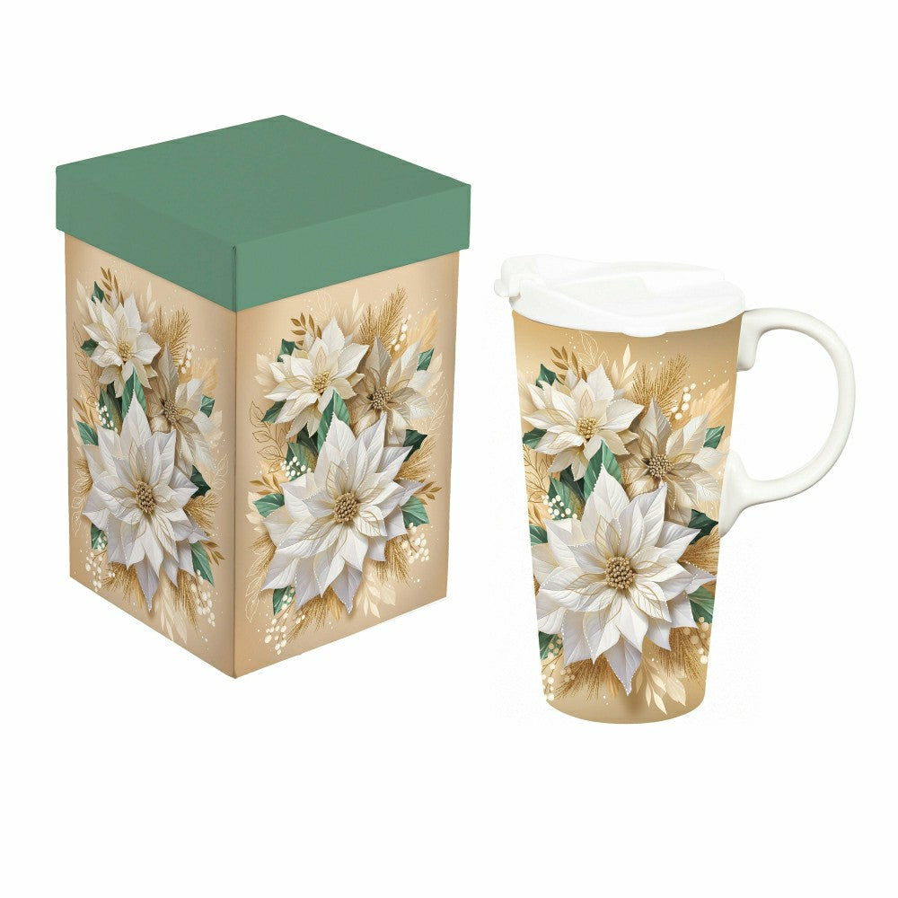 Plow & Hearth Pearl & Pine Travel Cup Ceramic Perfect Cup, Poinsettia, 17oz, Gift Bo