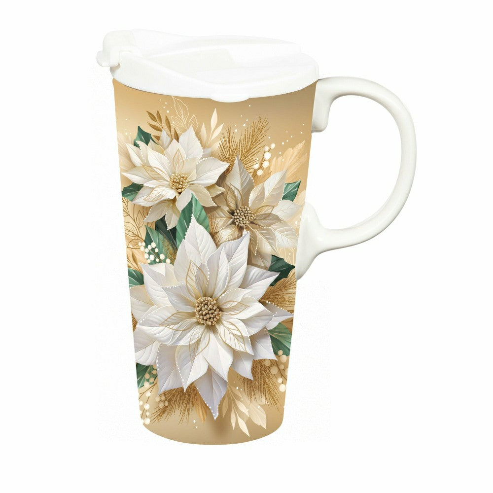 Plow & Hearth Pearl & Pine Travel Cup Ceramic Perfect Cup, Poinsettia, 17oz, Gift Bo