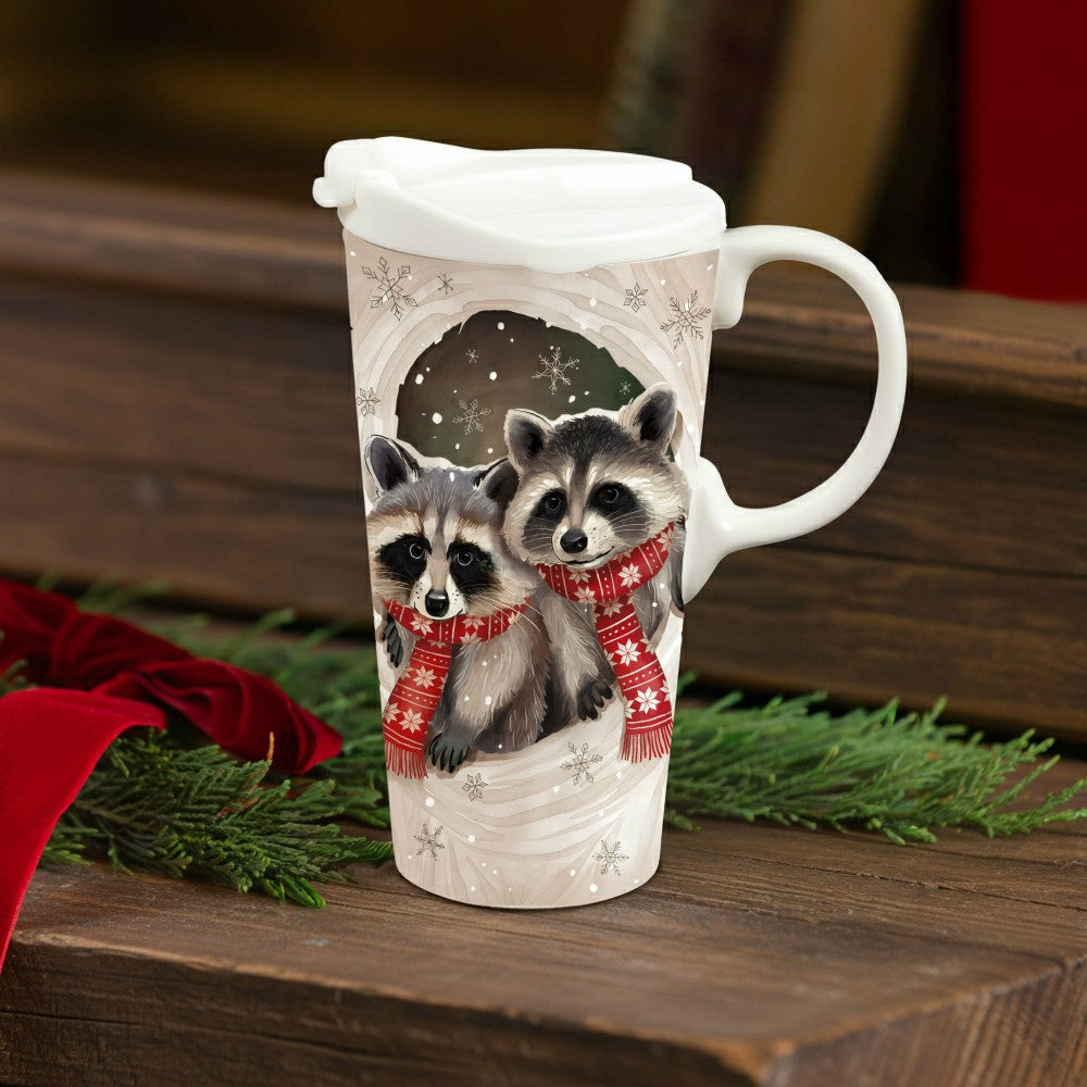 Plow & Hearth Winter Grove Travel Cup Ceramic Perfect Cup, Raccoon, 17oz, Gift Box