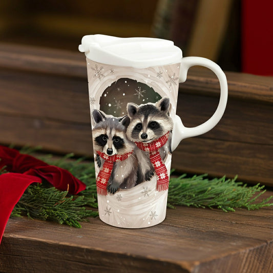 Plow & Hearth Winter Grove Travel Cup Ceramic Perfect Cup, Raccoon, 17oz, Gift Box