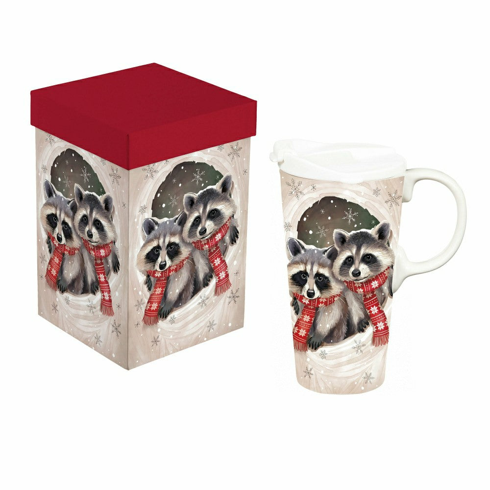 Plow & Hearth Winter Grove Travel Cup Ceramic Perfect Cup, Raccoon, 17oz, Gift Box