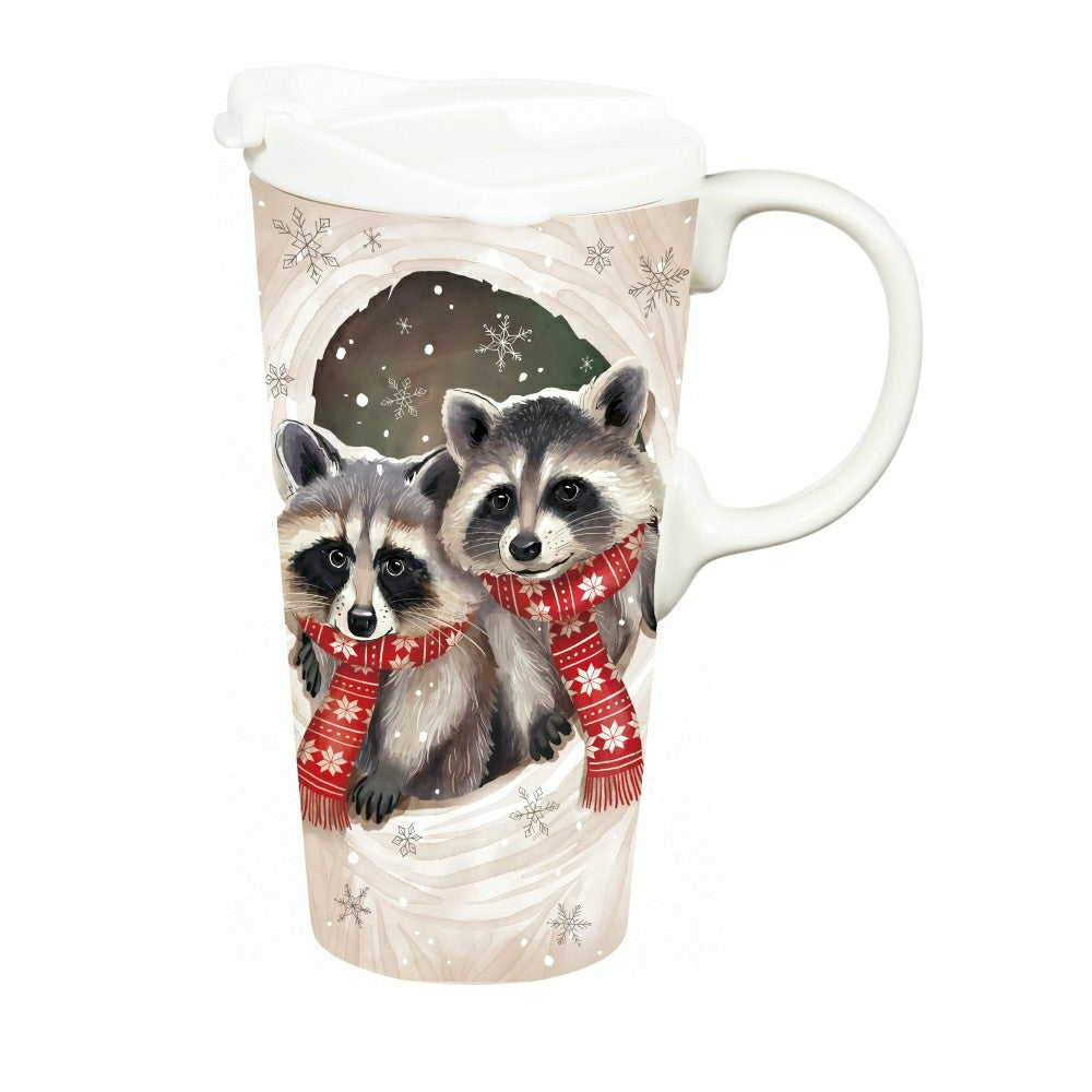 Plow & Hearth Winter Grove Travel Cup Ceramic Perfect Cup, Raccoon, 17oz, Gift Box