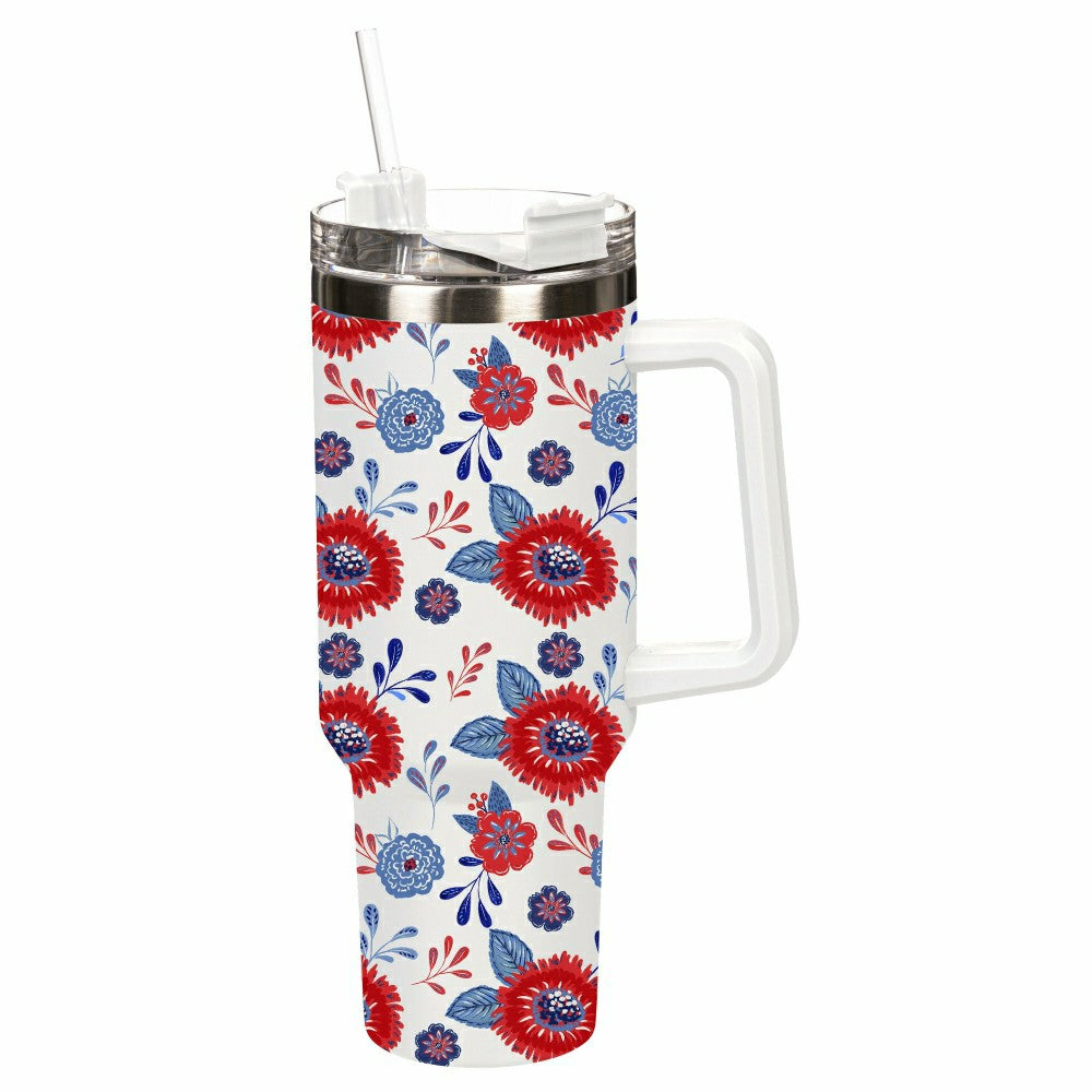 Plow & Hearth Red, White, & Bloom Tumbler Canyon Cup Double Wall Stainless Steel, Re