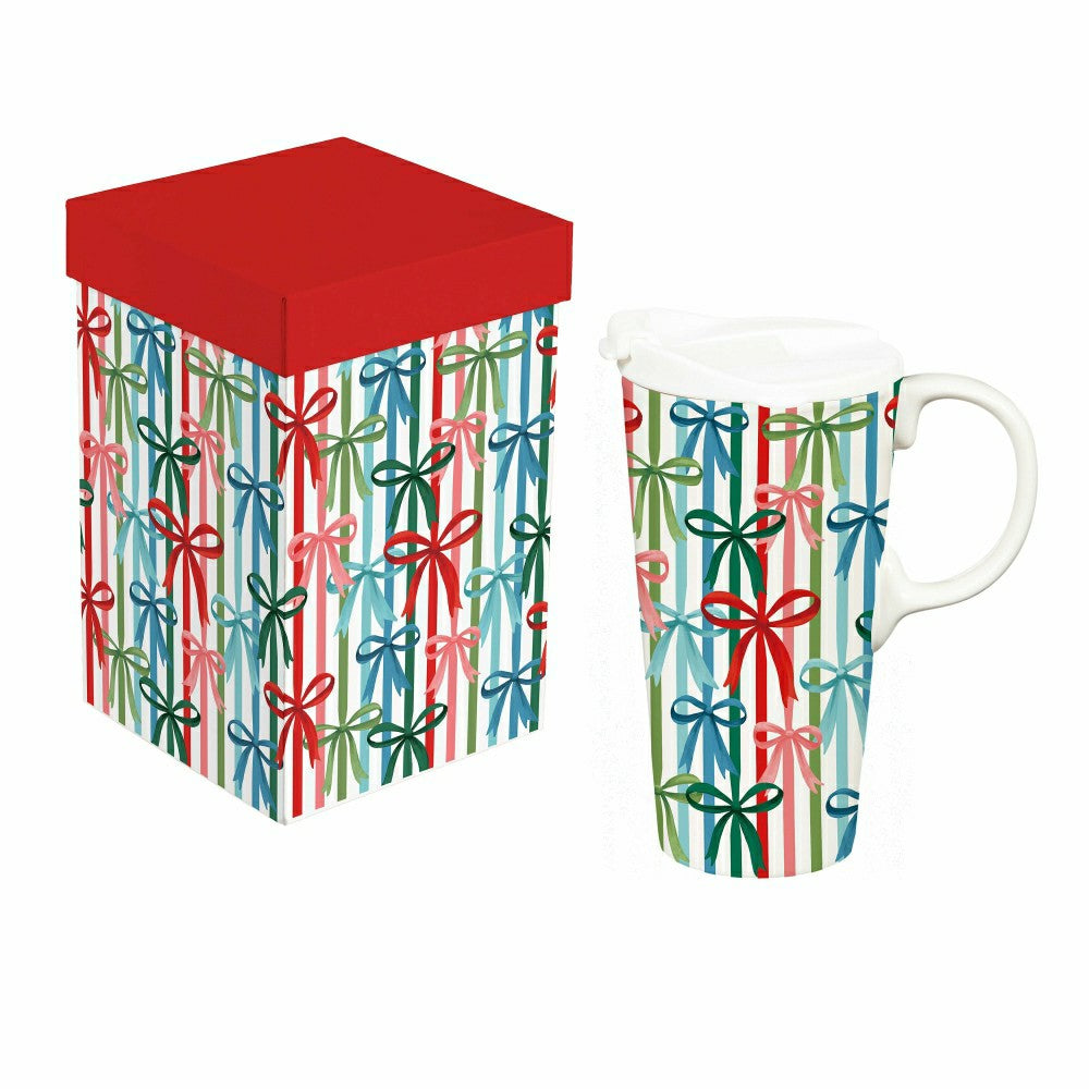 Plow & Hearth Heartfelt Cheer Travel Cup Ceramic Perfect Cup, Bows, 17oz, Gift Box