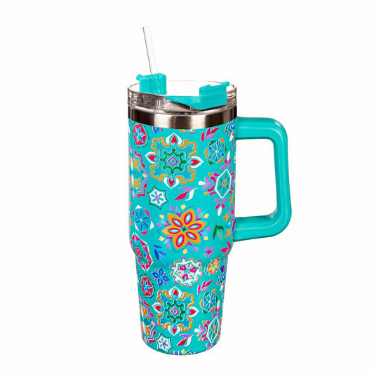 Plow & Hearth Geometric Tapestry Trenta Cup, Double Wall Stainless Steel w/ Straw, 3