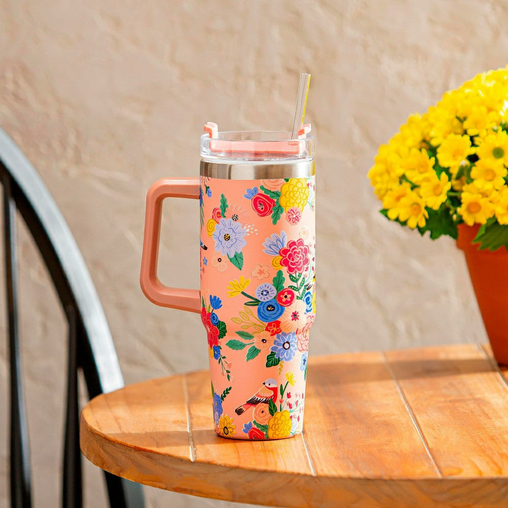 Plow & Hearth Bursting Blossoms Trenta Cup, Double Wall Stainless Steel w/ Straw, 30