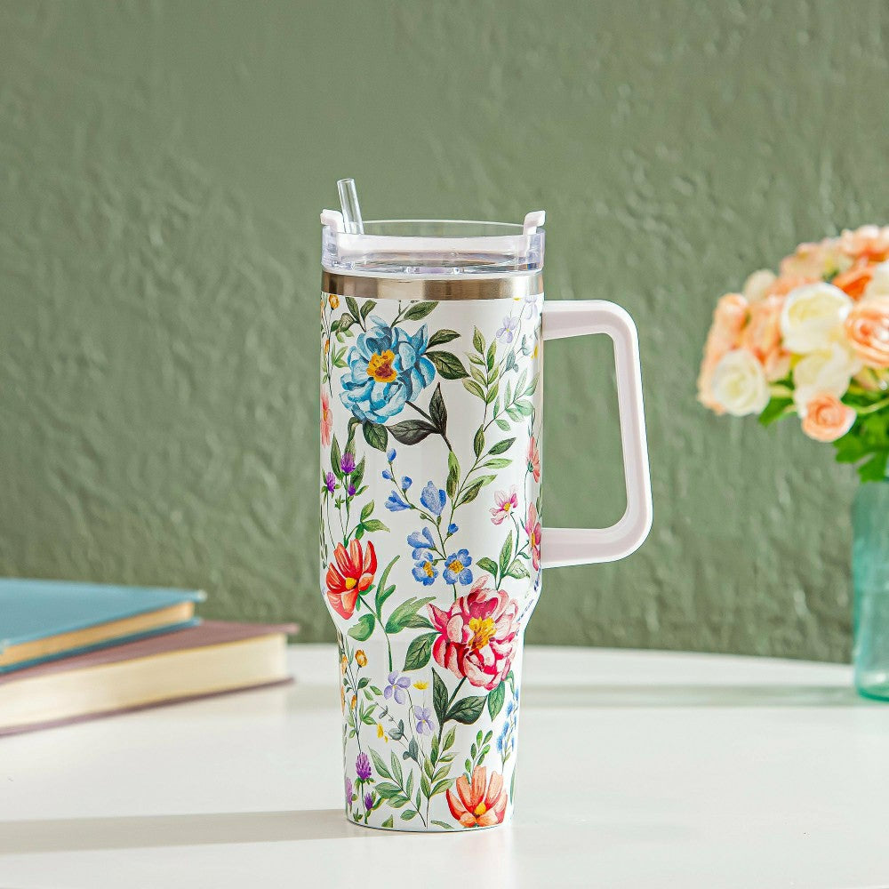 Plow & Hearth Floral Dance Canyon Cup, Double Wall Stainless Steel w/ Straw, 40oz, Gift Box