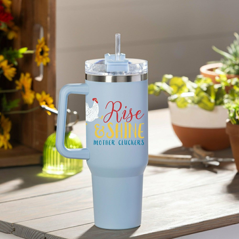 Plow & Hearth Rise & Shine Chicken Canyon Cup, Double Wall Stainless Steel w/ Straw,