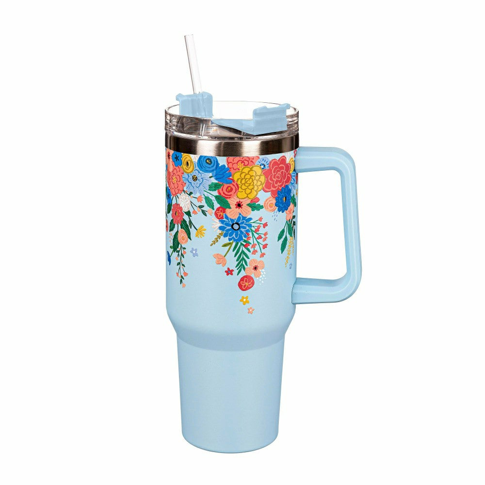 Plow & Hearth Bursting Blossoms Canyon Cup, Double Wall Stainless Steel w/ Straw, 40