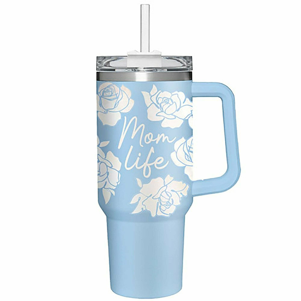 Plow & Hearth Mom Life Canyon Cup, Double Wall Stainless Steel w/ Straw, 40oz, Gift