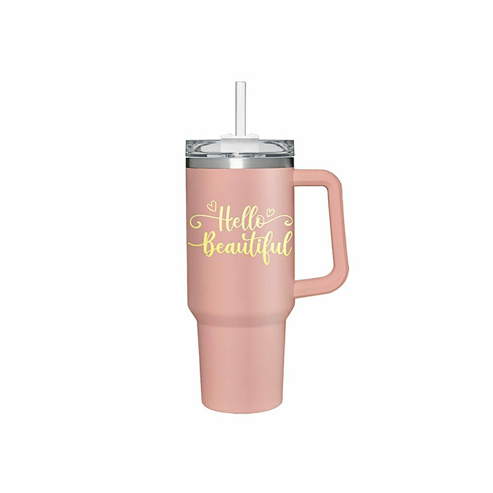 Plow & Hearth Tumbler Stainless-Steel Canyon Cup w/ Straw, Hello Beautiful, 40oz, Gi