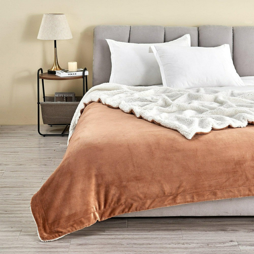 Plow & Hearth Velvet Plush Sherpa Luxury Bed Blanket - Kinsley Collection