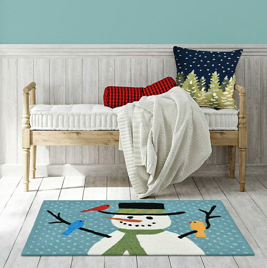 Plow & Hearth Indoor/Outdoor Hand-Hooked Snowman and Birds Accent Rug, 24" x 36"