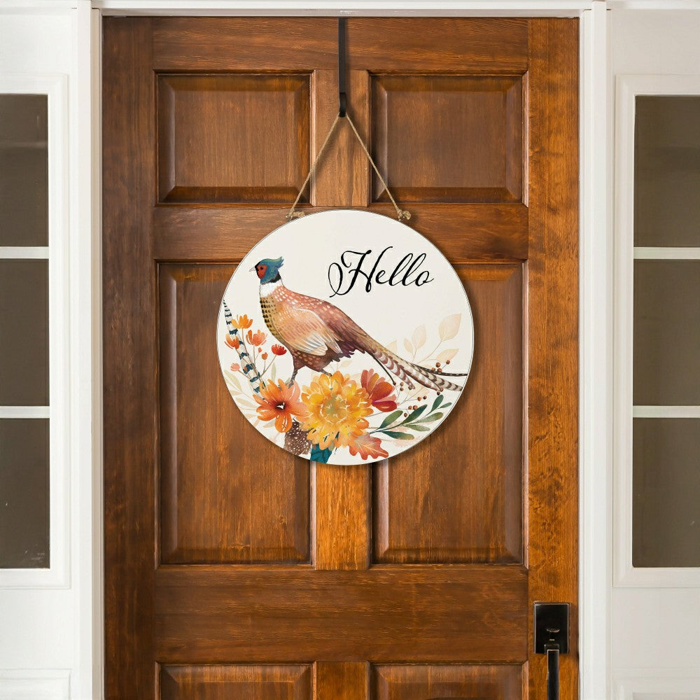 Plow & Hearth High Country Pheasant Wood Door Décor, "Hello", 18"