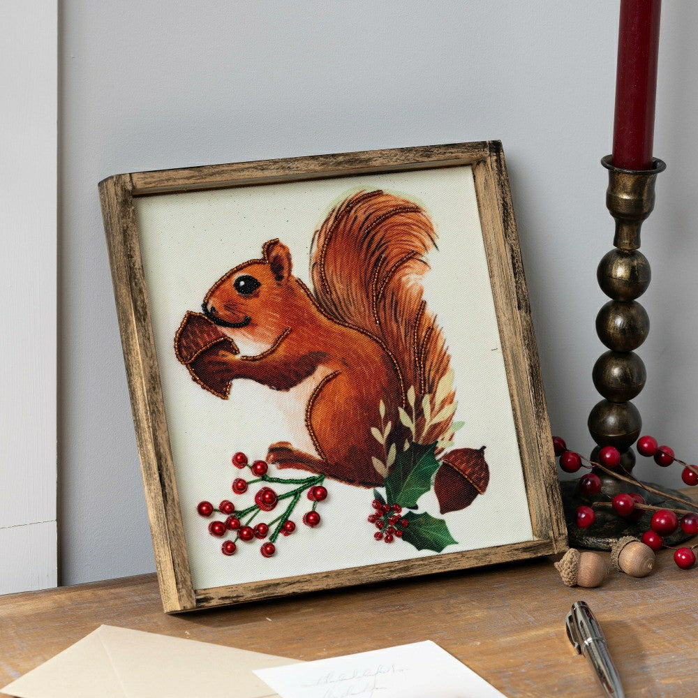 Plow & Hearth Woodland Storybook Indoor Wall Decor, Textile Beaded Squirrel with Woo