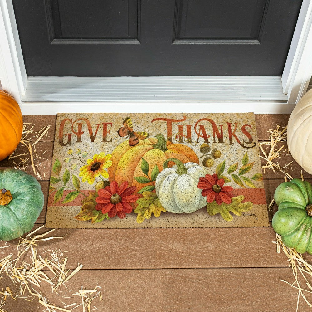 Plow & Hearth Grateful Gatherings PVC Trapper Mat, "Give Thanks" 28"x16"