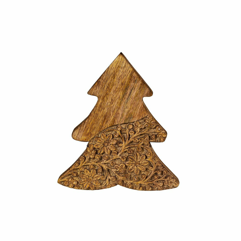 Plow & Hearth VivaStyle Playful Poinsettia Table Decor, Wood Decor, Carved Floral Tr