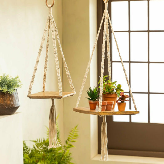 Plow & Hearth VivaStyle Plant Stand, Macrame & Wood, Hanging Plant Stand, 32" H, Set