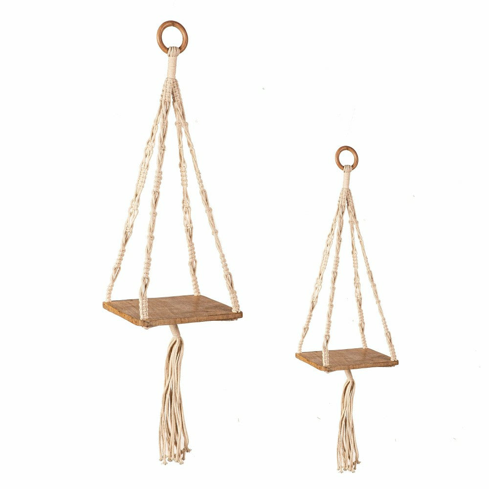 Plow & Hearth VivaStyle Plant Stand, Macrame & Wood, Hanging Plant Stand, 32" H, Set