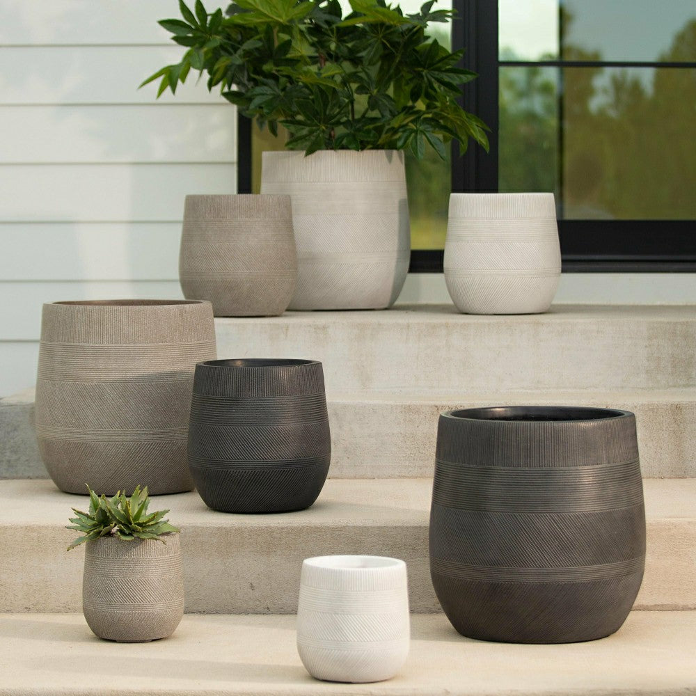 Plow & Hearth Round Stripe Fiber Clay Planters, Set of 3, Anthracite Black