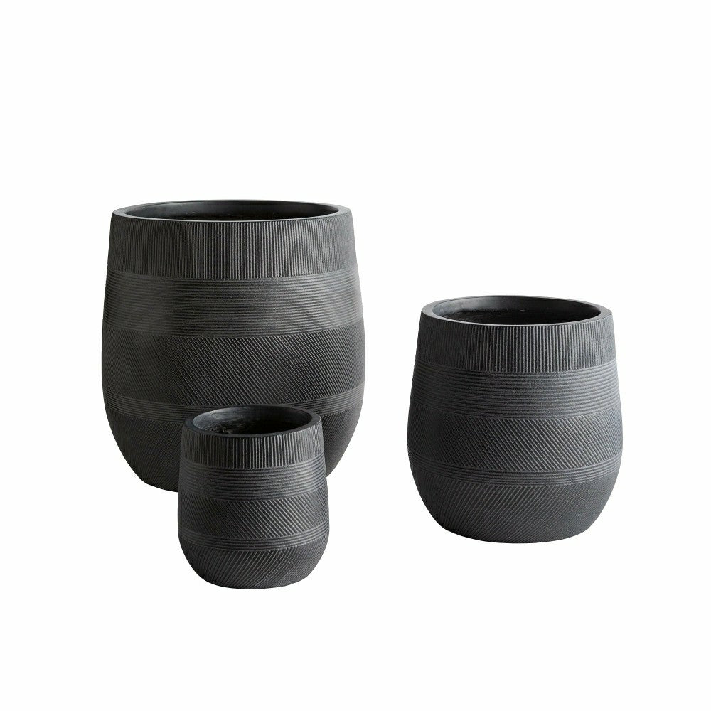 Plow & Hearth Round Stripe Fiber Clay Planters, Set of 3, Anthracite Black