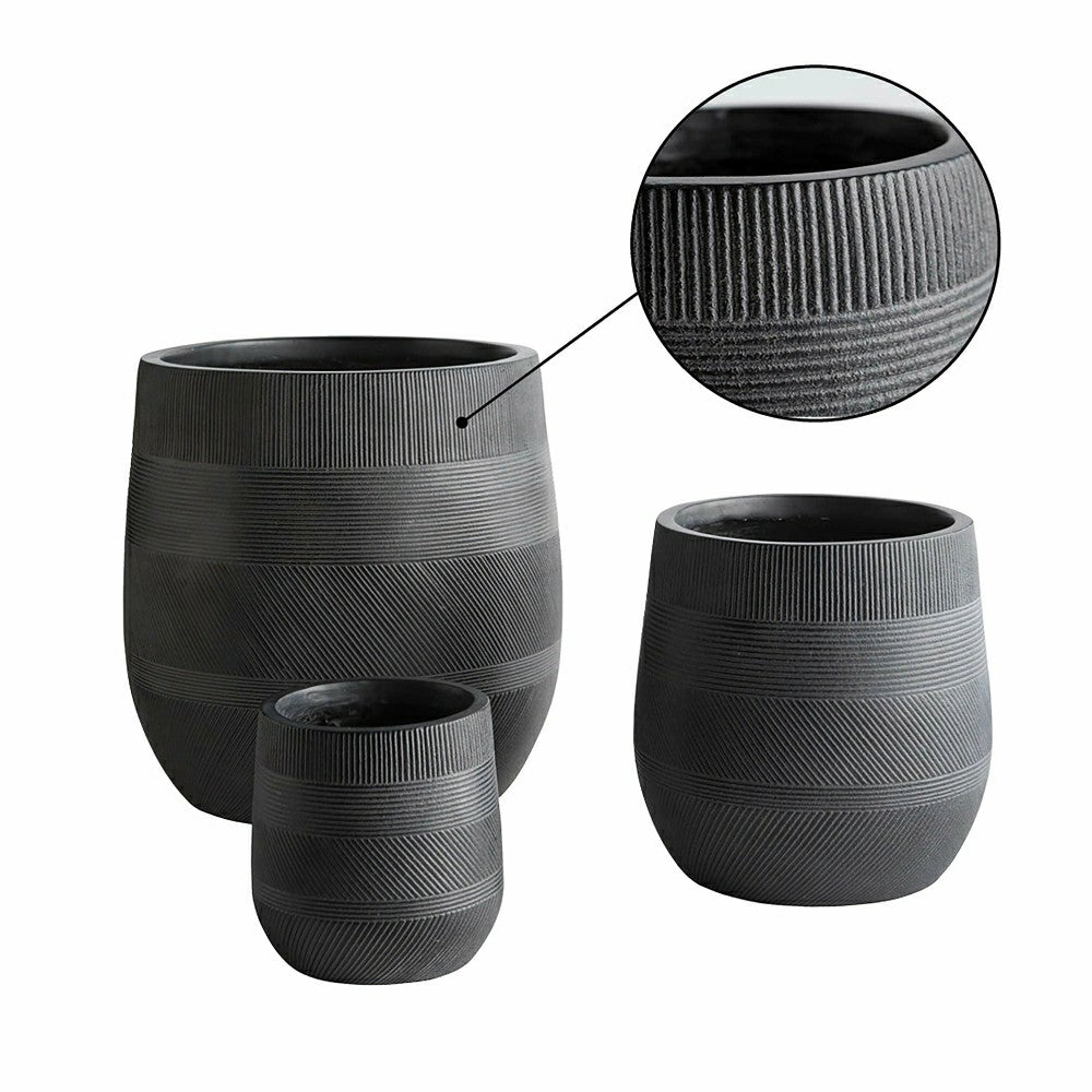 Plow & Hearth Round Stripe Fiber Clay Planters, Set of 3, Anthracite Black