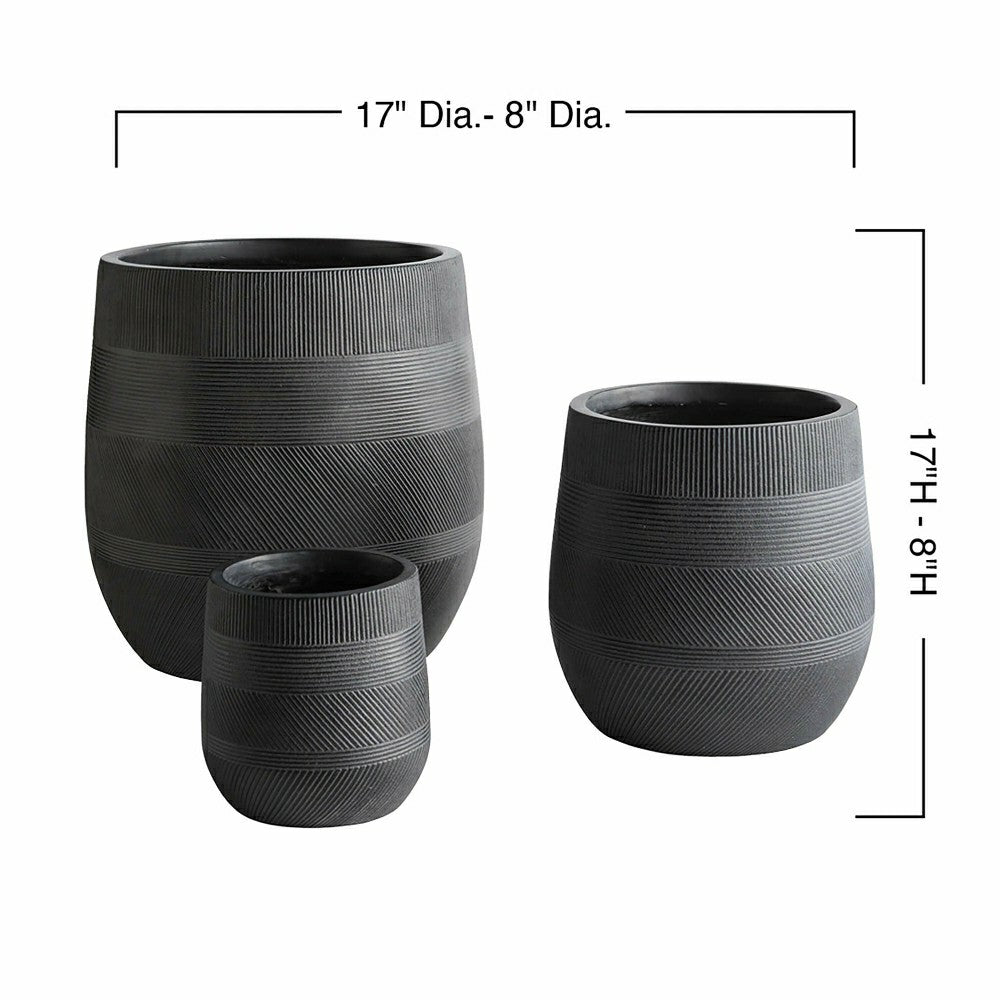 Plow & Hearth Round Stripe Fiber Clay Planters, Set of 3, Anthracite Black