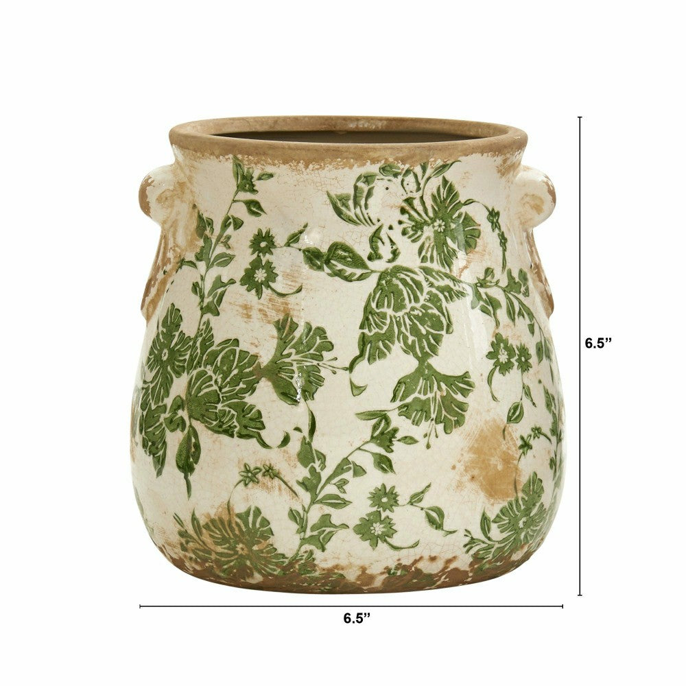 Plow & Hearth 6.5” Tuscan Ceramic Green Scroll Planter