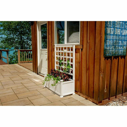 Plow & Hearth White Vinyl Garden Planter Box with Trellis