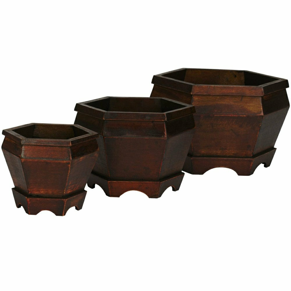 Plow & Hearth Wooden Hexagon Decorative Planter (Set of 3)