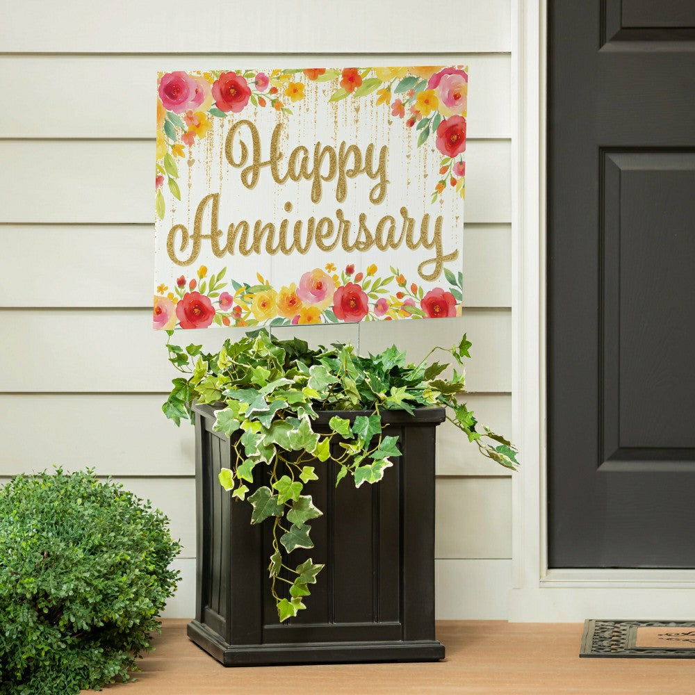 Plow & Hearth This Calls For Cake Yard Sign with H-Stake, "Happy Anniversary", 24"x1