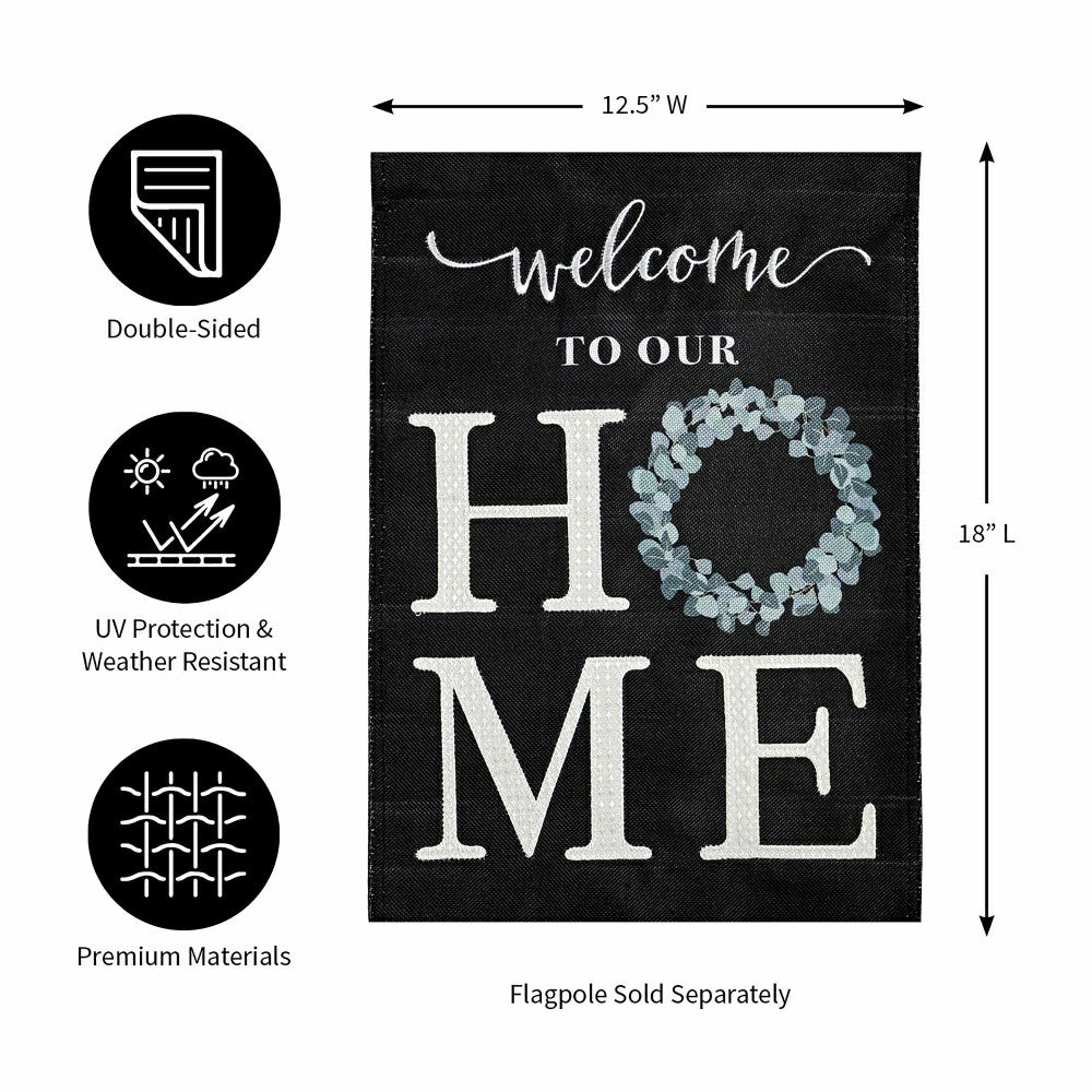 Plow & Hearth “Welcome To Our Home” Eucalyptus Burlap Garden Flag