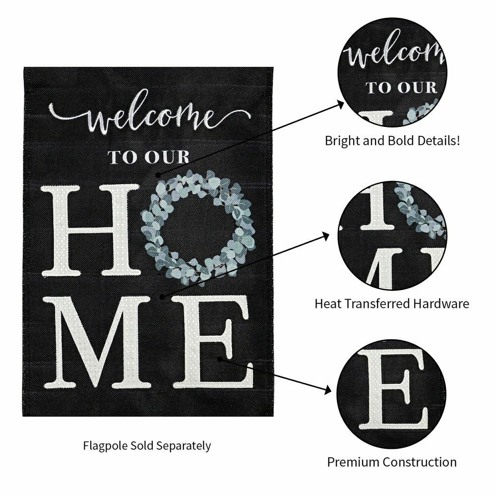 Plow & Hearth “Welcome To Our Home” Eucalyptus Burlap Garden Flag