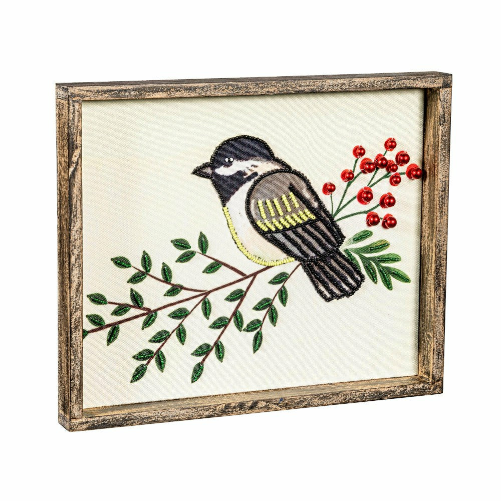 Plow & Hearth Woodland Storybook Indoor Wall Decor, Textile Beaded Chickadee with Wo