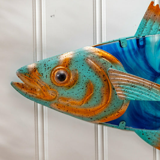 Plow & Hearth Blue Coastal Outdoor Wall Decor, Metal & Glass, Fish with Metallic Fin